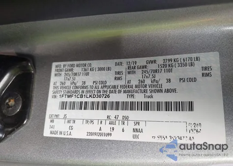 2020 Ford F150 Xl from USA, damaged, VIN 1FTMF1CB1LKD30726